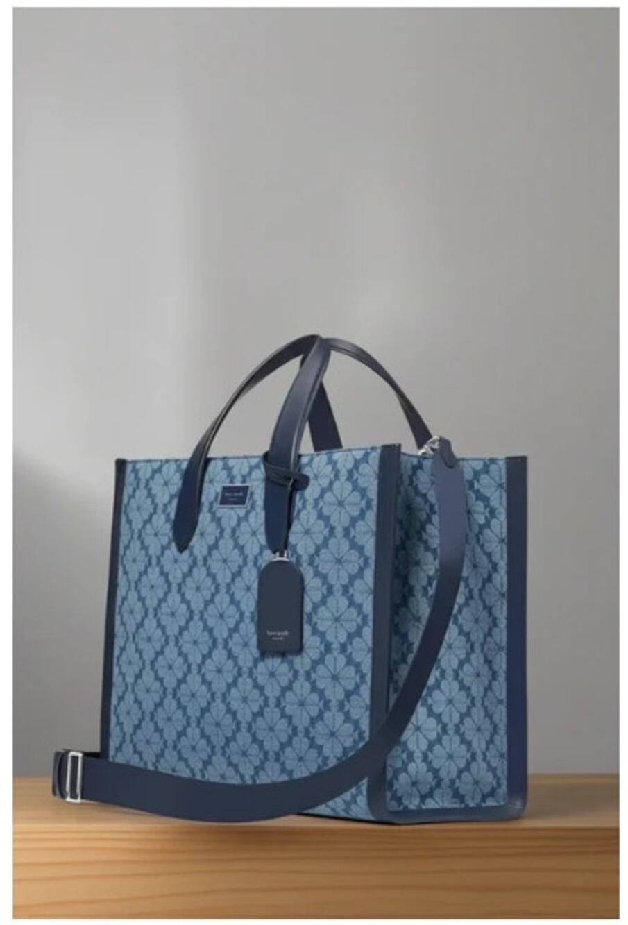 Kate Spade Manhattan Large Tote Blue Floral Jacquard Denim Leather Crossbody